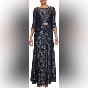 Le Bos Women's Plus Size Ball Gown, Navy/Silver, 16W